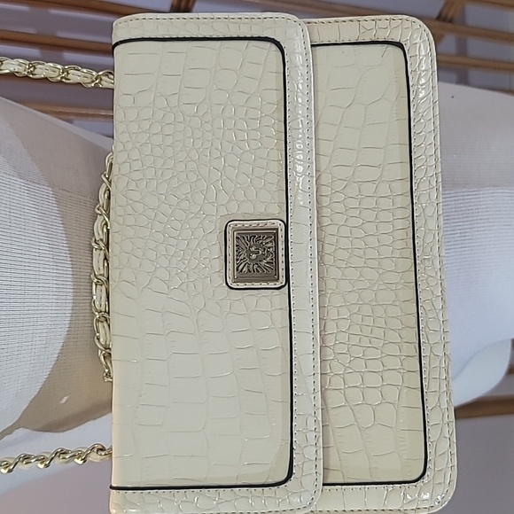 Anne Klein crossbody purse cream croc pattern outside stripes inside chain strap - Picture 3 of 15